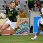 Dylan Sage scores a try during the Cape Town leg of the World Rugby Sevens Series rugby match between South Africa and USA on December 14, 2019 at the Cape Town Stadium