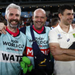 YOKOHAMA, JAPAN - OCTOBER 27: Aled Walters of South Africa with Jacques Nienaber (Defence Coach) of South Africa and Felix Jones (defence consultant) of South Africa after the Rugby World Cup 2019 Semi Final match between South Africa and Wales at International Stadium Yokohama on October 27, 2019 in Yokohama, Japan.