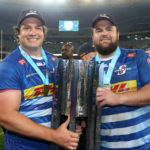 Neethling Fouche of Stormers and Frans Malherbe of Stormers celebrate winning the Vodacom United Rugby Championship during the United Rugby Championship 2021/22 Grand Final between Stormers and Bulls held at Cape Town Stadium in Cape Town, South Africa on 18 June 2022