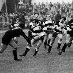 Barbarians' Gareth Edwards (c) passes to the wing. Pictured second from left in background is Phil Bennett. (Photo by S&G/PA Images via Getty Images)