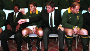 Rassie Erasmus and Nick Mallett during a Springbok team photo in 1999
