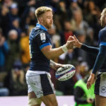 EDINBURGH, SCOTLAND - FEBRUARY 11: Kyle Steyn and Finn Russell celebrate during a Guinness Six Nations match between Scotland and Wales at BT Murrayfield, on February 11, 2023, in Edinburgh, Scotland.
