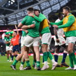 Dublin , Ireland - 18 March 2023; Robbie Henshaw of Ireland, centre, celebrates with teammates after scoring his side's second try during the Guinness Six Nations Rugby Championship match between Ireland and England at the Aviva Stadium in Dublin.