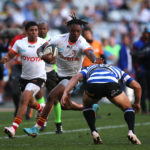 Daniel Kasende of Cheetahs attempts to get past Kade Wolhuter of Western Province attempted tackle during the 2023 Currie Cup match between Western Province and Cheetahs held at Cape Town Stadium in Cape Town on 15 April 2023