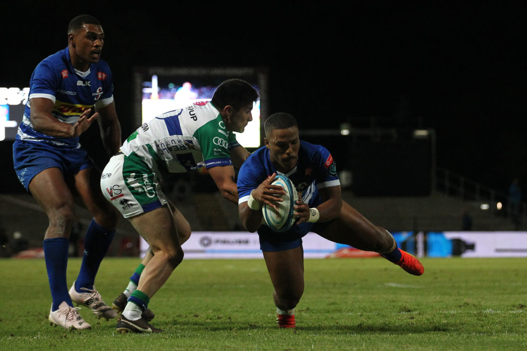 Angelo Davids of Stormers dives over to score a try during the United Rugby Championship 2022/23 match between Stormers and Benetton Rugby held at Danie Craven Stadium in Stellenbosch, South Africa on 21 April 2023