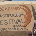 Sand artist Lucas Mahlangu spreads the Kearsney Easter Rugby Festival message.