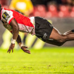 JOHANNESBURG, SOUTH AFRICA - APRIL 01: Sanele Nohamba of the Emirates Lions scoring his try during the EPCR Challenge Cup, round of 16 match between Emirates Lions and Racing 92 at Emirates Airline Park on April 01, 2023 in Johannesburg, South Africa. (Photo by Christiaan Kotze/Gallo Images)