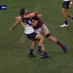 Angus Blyth collides with Corey Toole during a Super Rugby match