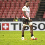 JOHANNESBURG, SOUTH AFRICA - APRIL 01: Referee Karl Dickson assessing a tackle by Ruan Venter of the Emirates Lions, sanctioning a red card during the EPCR Challenge Cup match between Emirates Lions and Racing 92 at Emirates Airline Park on April 01, 2023 in Johannesburg, South Africa.
