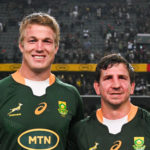 Pieter-Steph du Toit of South Africa and Kwagga Smith of South Africa during the 2022 Castle Lager Rugby Championship match between South Africa and Argentina held at Kings Park in Durban on 24 September 2022