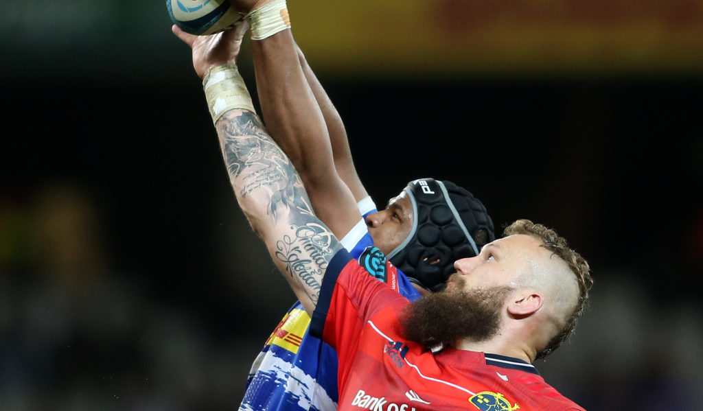 RG Snyman of Munster challenges Marvin Orie of Stormers for the line out ball during the United Rugby Championship 2022/23 match between Stormers and Munster held at Cape Town Stadium in Cape Town, South Africa on 15 April 2023