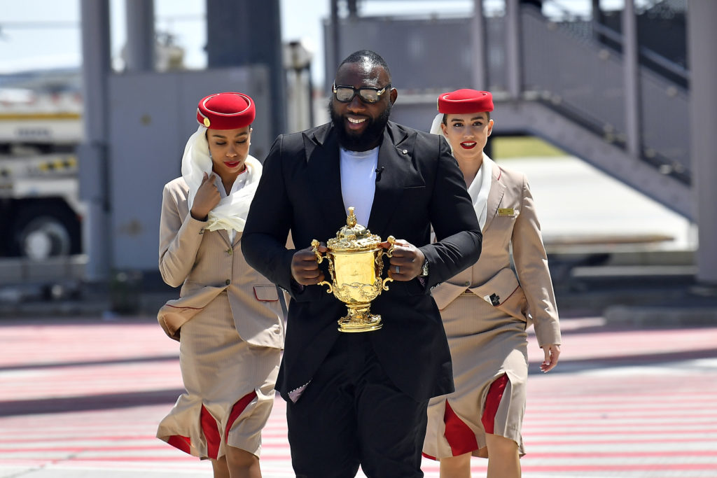 PARIS, FRANCE - MAY 30: Tendai Mtawarira arrives on the tarmac carrying the Webb Ellis Cup as they arrives in France ahead of Rugby World Cup France 2023 at Aeroport Roissy - Charles de Gaulle on May 30, 2023 in Paris, France.