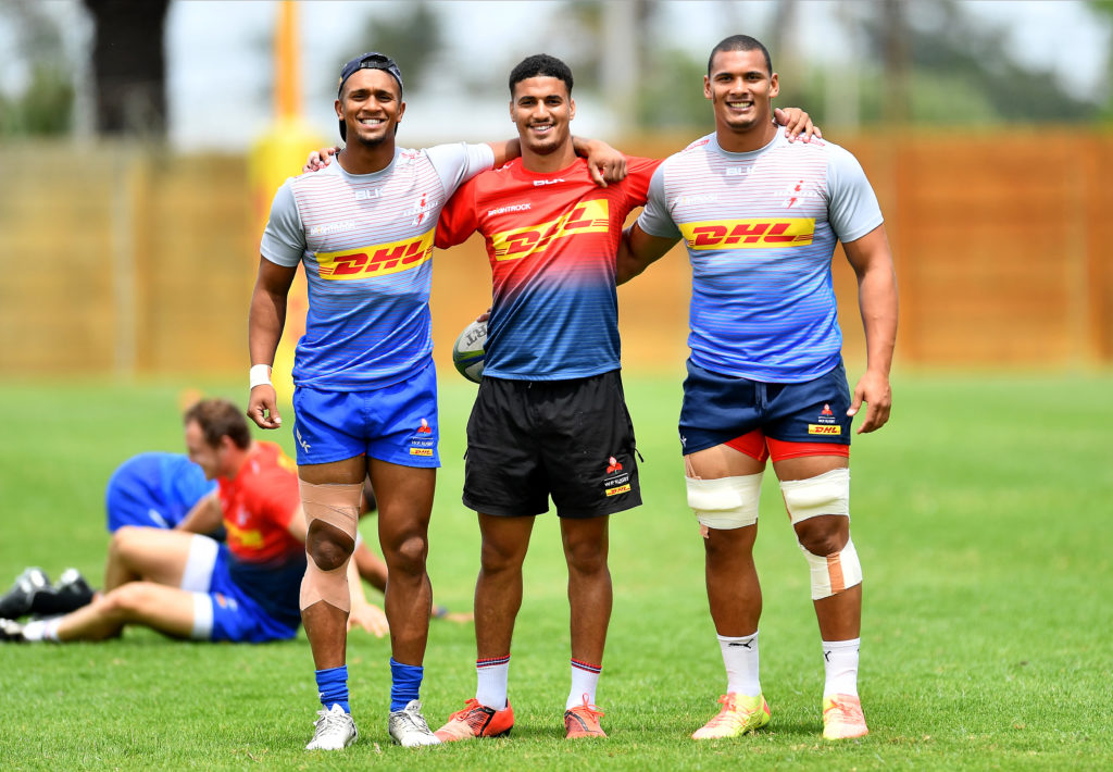 CAPE TOWN, SOUTH AFRICA - OCTOBER 27: (L-R) Leolin Zas, Abner van Reenen and Juarno Augustus during the DHL Stormers training session at High Performance Centre on October 27, 2020 in Cape Town, South Africa.