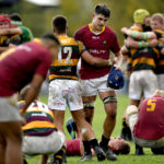 STELLENBOSCH, SOUTH AFRICA - MAY 06: Paarl Gimnasium celebrate after winning the match during the Sportsmans Warehouse Premier Interschools rugby match between Paul Roos Gymnasium and Paarl Gimnasium at Markotter Stadium on May 06, 2023 in Stellenbosch, South Africa.