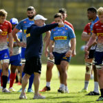 CAPE TOWN, SOUTH AFRICA - MAY 23: John Dobson chats with the forwards during the DHL Stormers and DHL Western Province joint training session at High Performance Centre on May 23, 2023 in Cape Town, South Africa.