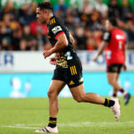 Chiefs' Anton Lienert-Brown leaves the pitch after a yellow card during the Super Rugby Pacific final match between the Chiefs and Crusaders at FMG Stadium in Hamilton on June 24, 2023.