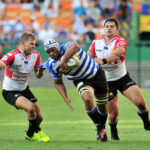 Nizaam Carr of Western Province goes between Jaco van der Walt and Rohan Janse van Rensburg of the Lions during the 2017 Currie Cup semifinal game between Western Province and the Lions at Newlands Rugby Stadium, Cape Town on 21 October 2017