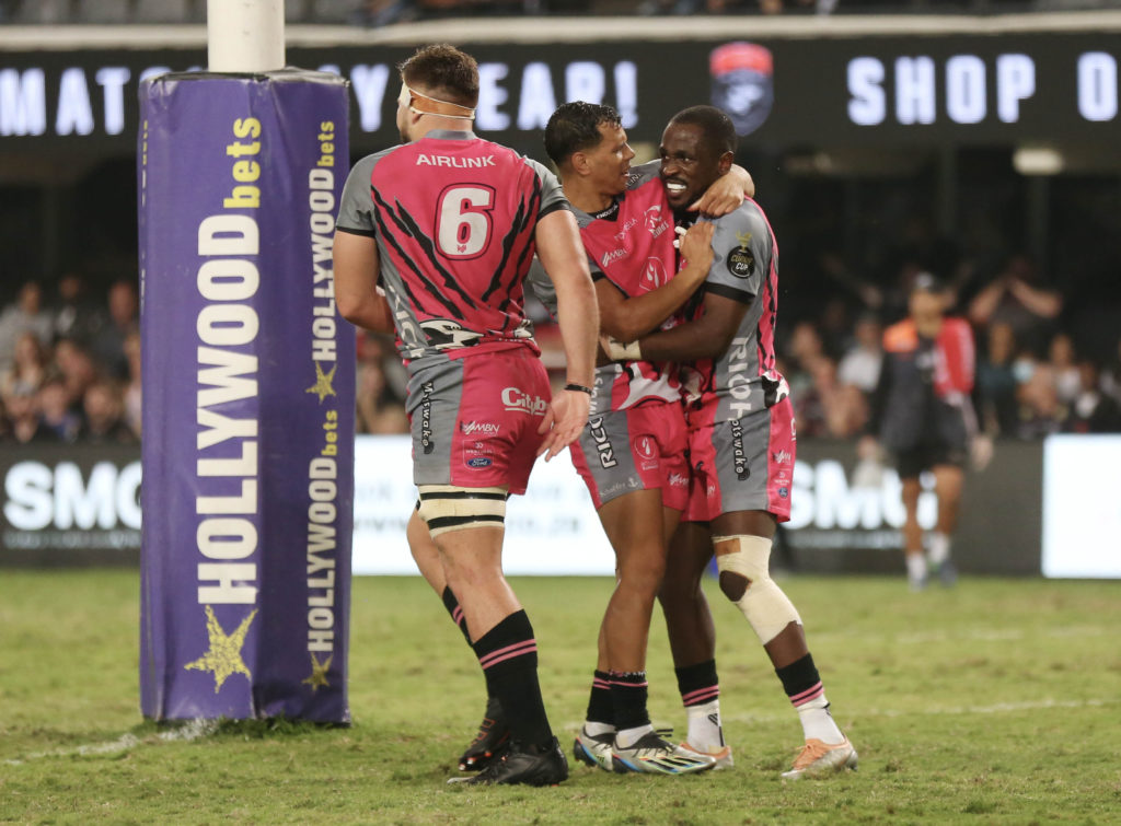 Andrew Kota of Pumas celebrates with teammates scoring a try during the 2023 Currie Cup semifinal match between Sharks and Pumas at Kings Park in Durban on 17 June 2023