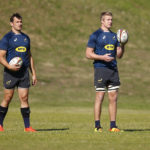 South Africa's Rynhardt Elstadt and Pieter-Steph du Toit during a training session at Western Province HPC, Bellville, Western Cape, South Africa. Picture date: Monday July 26, 2021.