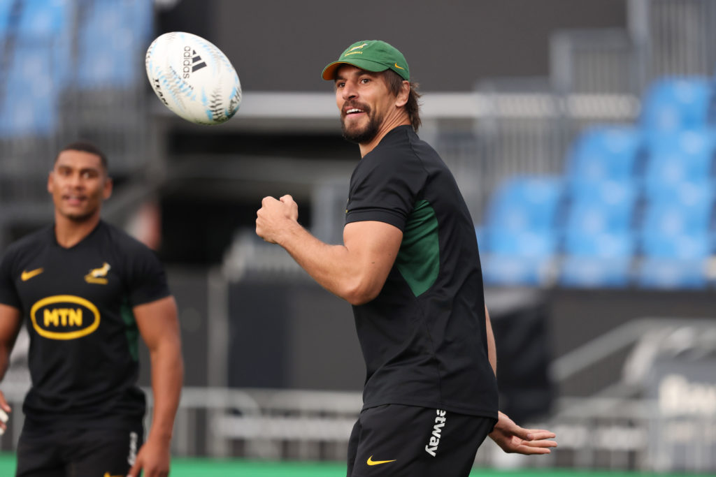Eben Etzebeth of South Africa takes part in the South Africa captain's run ahead of their rugby test match against New Zealand at Mt Smart in Auckland on July 14, 2023.