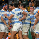 Argentina's Juan Martín González (5R) celebrates his try with teammates during the Rugby Championship match between Argentina and Australia at Commbank Stadium in Sydney on July 15, 2023.