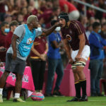 Maties assistant coach Kabamba Floors issues instructions to Juan Beukes of Maties during the 2022 Varsity Cup match between Maties and UJ held at Danie Craven Stadium in Stellenbosch on 07 March 2022