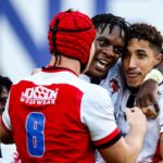 (13547472ab) Emirates Lions vs DHL Stormers . Emirates Lion's Emmanuel Tshituka and Jordan Hendrikse after scoring a try BKT United Rugby Championship, Emirates Airlines Park, Johannesburg, South Africa - 29 Oct 2022