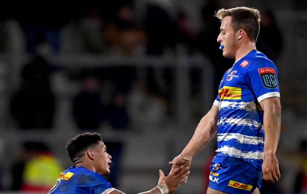 BELFAST, NORTHERN IRELAND: Sacha Feinberg-Mngomezulu, left, and Kade Wolhuter of DHL Stormers after their side's defeat during the United Rugby Championship match between Ulster and DHL Stormers at Kingspan Stadium on January 27, 2023 in Belfast, Northern Ireland.