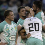 South Africa's Springboks flanker Franco Mostert (2-L) celebrates with teammates flanker Evan Roos (#20) and lock Jean Kleyn after defeating Argentina's Los Pumas during their Rugby Union test match at Jose Amalfitani stadium in Buenos Aires, on August 5, 2023 in preparation for the upcoming 2023 Rugby World Cup in France.