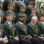 South Africa's flanker Siya Kolisi (C) looks on during the South Africa Rugby World Cup squad announcement in Johannesburg on August 8, 2023.