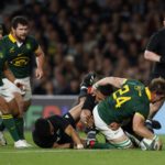 South Africa's flanker Kwagga Smith scores a try during the pre-World Cup Rugby Union match between New Zealand and South Africa at Twickenham Stadium in west London, on August 25, 2023.