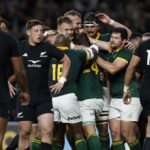 South Africa's flanker Kwagga Smith (C) celebrates scoring a try during the pre-World Cup Rugby Union match between New Zealand and South Africa at Twickenham Stadium in west London, on August 25, 2023.