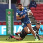 Clermont's New Zealander center George Moala (Front) runs with the ball during the European Rugby Champions Cup rugby union Group B match between Bristol and Clermont at Ashton Gate Stadium in Bristol, on December 12, 2020.