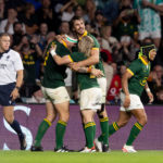 LONDON, ENGLAND - AUGUST 25: Malcolm Marx of South Africa celebrates with his teammates after scoring a try during the Rugby World Cup 2023 warm up match between New Zealand and South Africa at Twickenham Stadium on August 25, 2023 in London, England.