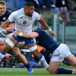 Italy's flanker Toa Halafihi is tackled during the Six Nations international rugby union match between Italy and Scotland on March 12, 2022 at the Olympic stadium in Rome.