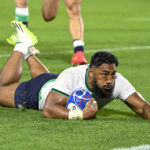 Ireland's centre Bundee Aki scores a try during the 2023 Rugby World Cup Pool B match between Ireland and Tonga at the Stade de la Beaujoire in Nantes, western France on September 16, 2023.