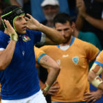 Italy's outside centre Juan Ignacio Brex (L) celebrates after Italy scored their second during the France 2023 Rugby World Cup Pool A match between Italy and Uruguay at Stade de Nice in Nice, southern France on September 20, 2023.