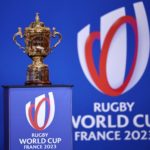 This photograph taken on September 4, 2023 shows the Rugby Union World Cup trophy, the Webb Ellis Cup, presented during the tournament opening conference in Paris, ahead of the Rugby World Cup 2023 France.