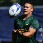 South Africa's wing Cheslin Kolbe plays with the ball during a training session in Toulon, southern France, on October 4, 2023.