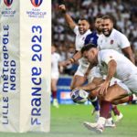 England's scrum-half Danny Care (C) scores a try during the France 2023 Rugby World Cup Pool D match between England and Samoa at the Stade Pierre-Mauroy in Villeneuve-d'Ascq, near Lille, northern France on October 7, 2023.