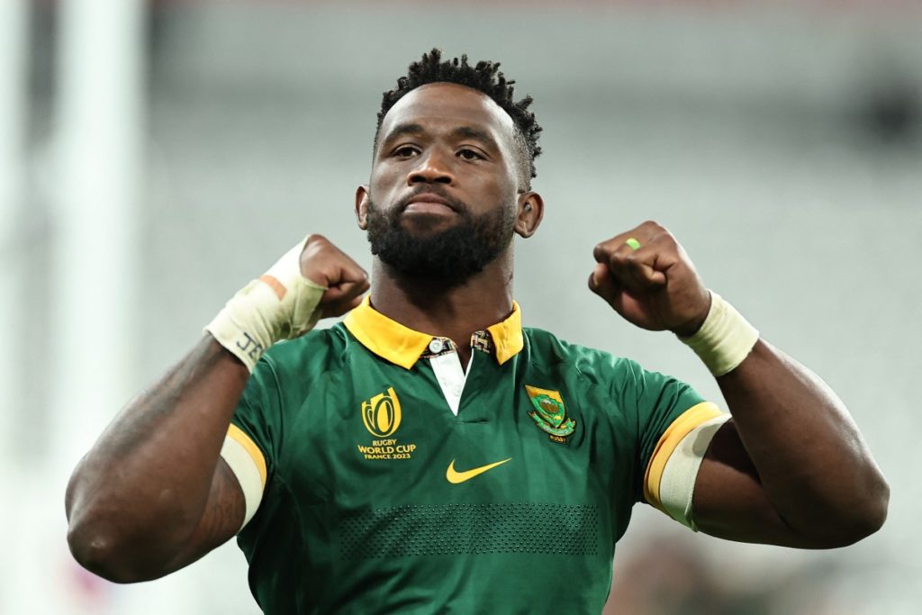 South Africa's flanker and captain Siya Kolisi reacts after victory in the France 2023 Rugby World Cup quarter-final match between France and South Africa at the Stade de France in Saint-Denis, on the outskirts of Paris, on October 15, 2023.