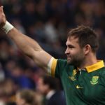 South Africa's scrum-half Cobus Reinach gives a thumbs up as he celebrates his team's victory in the France 2023 Rugby World Cup quarter-final match against France at the Stade de France in Saint-Denis, on the outskirts of Paris, on October 15, 2023.