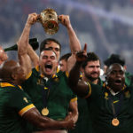 PARIS, FRANCE - OCTOBER 28: Jesse Kriel of South Africa celebrates victory with team mates during the Rugby World Cup France 2023 Gold Final match between New Zealand and South Africa at Stade de France on October 28, 2023 in Paris, France.