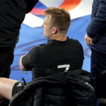 epa10945989 New Zealand captain Sam Cane sits on the chair following a yellow card uring the Rugby World Cup 2023 final between New Zealand and South Africa in Saint-Denis, France, 28 October 2023. The yellow card was upgraded to a red card. EPA/CHRISTOPHE PETIT TESSON