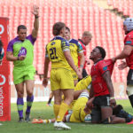 Emmanuel Tshituka of the Lions celebrates try during the United Rugby Championships 2023 match between Lions v Zebre at the Ellis Park Stadium, Johannesburg on the 25 November 2023