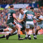 LEICESTER, ENGLAND - MAY 06: Andre Esterhuizen of Harlequins is tackled by Dan Kelly of Leicester Tigers during the Gallagher Premiership Rugby match between Leicester Tigers and Harlequins at Mattioli Woods Welford Road Stadium on May 06, 2023 in Leicester, England.