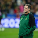 PARIS, FRANCE - OCTOBER 21: South Africa Director of Rugby Rassie Erasmus looks on during the pre match warm up ahead of the Rugby World Cup France 2023 match between England and South Africa at Stade de France on October 21, 2023 in Paris, France.