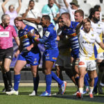 Stormers players celebrate a late try scored by Andre-Hugo Venter of the Stormers during Investec Champions Cup 2023/24 game between the Stormers and La Rochelle at Cape Town Stadium on 16 December 2023