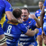 STELLENBOSCH, SOUTH AFRICA - DECEMBER 02: .Deon Fourie of the Stormers celebrate with Evan Roos of the Stormers after scoring a try during the United Rugby Championship match between DHL Stormers and Zebre at Danie Craven Stadium on December 02, 2023 in Stellenbosch, South Africa.