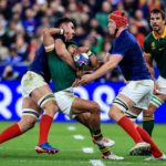 Mandatory Credit: Photo by Dan Sheridan/INPHO/Shutterstock (14151332bs) France vs South Africa. South Africa's Cheslin Kolbe and France's Charles Ollivon and Thibaud Flament 2023 Rugby World Cup Quarter-Final, Stade de France, Paris, France - 15 Oct 2023